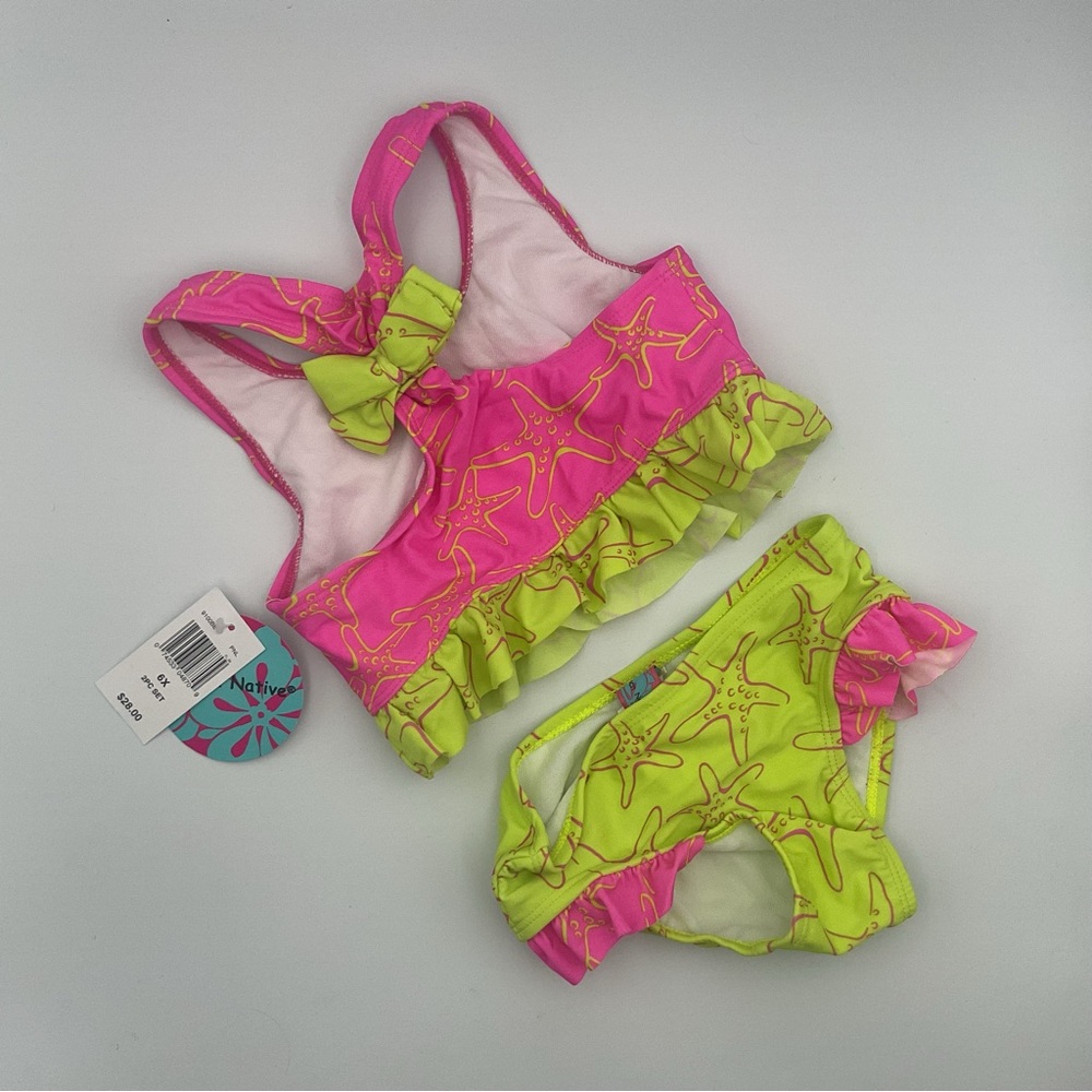 2 Piece Bikini Swim Bathing Suit Bright Yellow Pink Mermaid Neon Bow Ruffles 6X